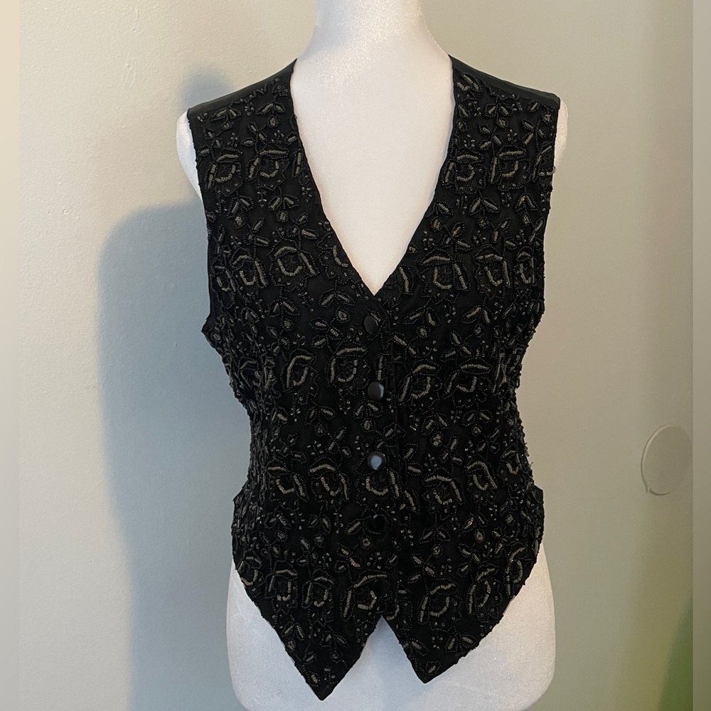 Anne Tjian for KENAR Black Vintage Embellished Lined Hand-Beaded Dress Vest‎ S